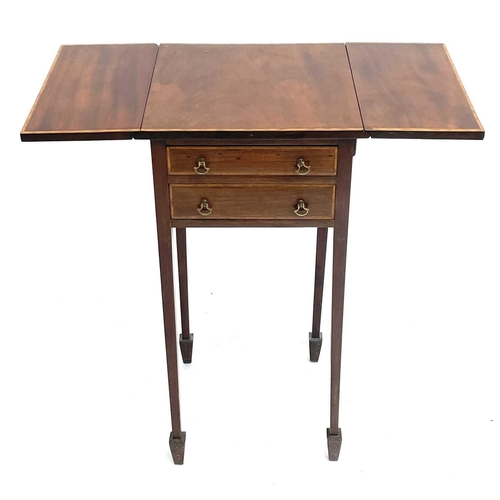 1939 - An Edwardian mahogany and satinwood banded small Pembroke table. Fitted two drawers on square taper ... 