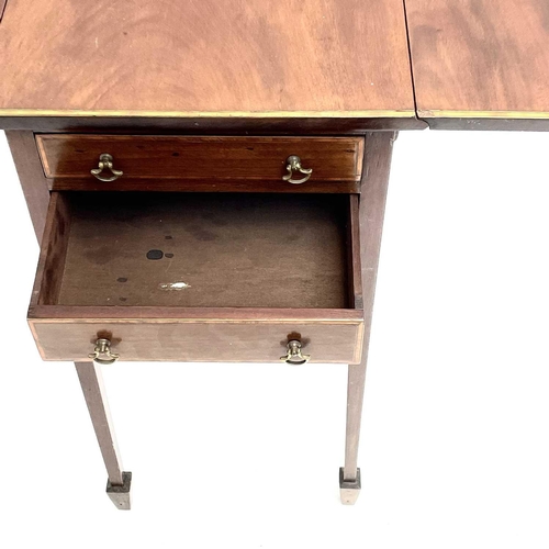 1939 - An Edwardian mahogany and satinwood banded small Pembroke table. Fitted two drawers on square taper ... 