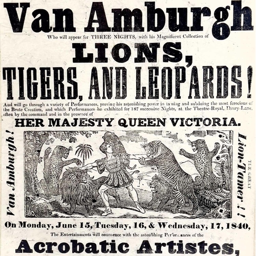 2 - A rare early Victorian circus advertising poster or flyer Mr Van Amburgh the Great Lion-Tamer. At Ro... 