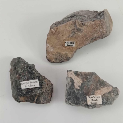 206 - Three cassiterite specimens from the Isles of Scilly. Incredibly rare. Each labelled.The largest spe... 