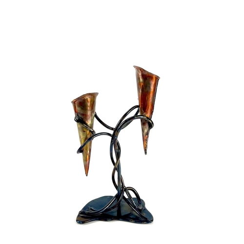 232 - PAUL HOSKIN A copper double candle holder with sinuous tempered steel supports and base, Height 34cm... 