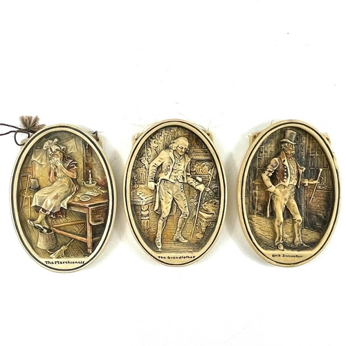 241 - A large collection of Osbourne Ivorex plaques. Mostly oval Dickens characters and a rectangular St M... 