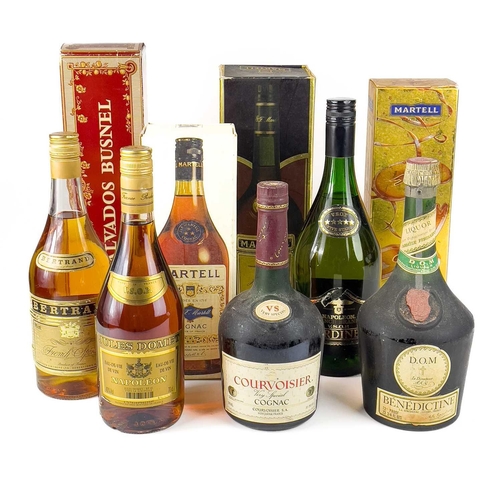 247 - A bottle of Martell Cognac VS. Together with Courvoisier Cognac, Dom Benedictine and six other bottl... 