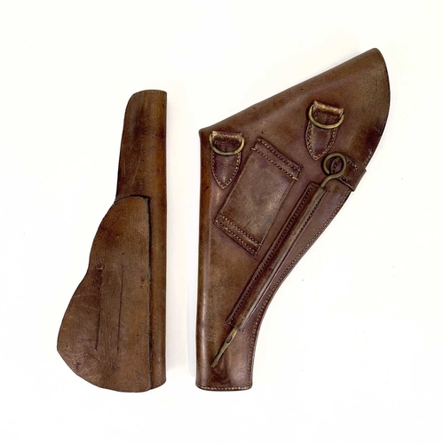 25 - A leather gun holster stamped 'COL 1938'. maximum length 35cm, another gun holster, and a turned oak... 