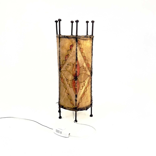 259 - A pair of metal lanterns. The hide shades having tube lined floral decoration. Height 45cm.