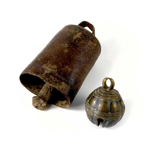 266 - An Indian bronze elephant bell. Diameter 6cm, together with a steel cow bell (2).