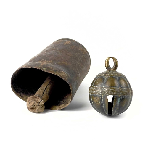 266 - An Indian bronze elephant bell. Diameter 6cm, together with a steel cow bell (2).