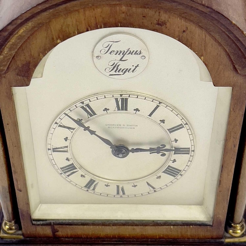 28 - A French mahogany cased mantel timepiece. With arched silvered dial, height 19.5cm, together with ot... 