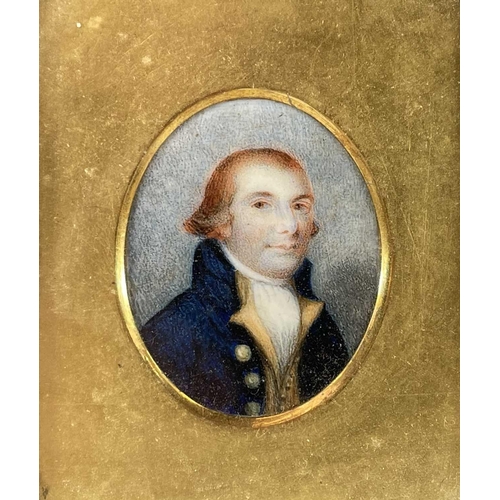 296 - English School 18th/19th century Miniature portrait of a Gentlemen 5cm x 4cm.Ivory registration UJ74... 