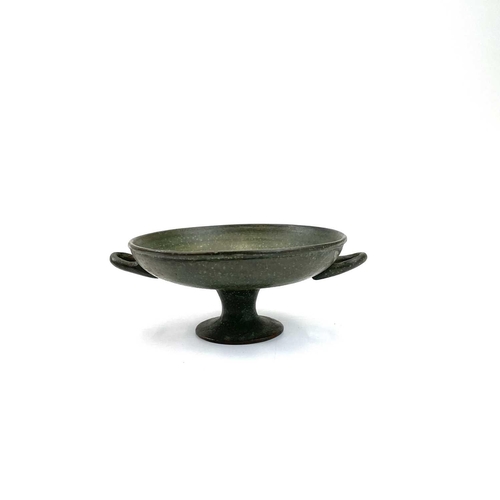 310 - A small bronze tazza with twin handles. Height 5cm, together with a hardstone turned goblet, a Frenc... 