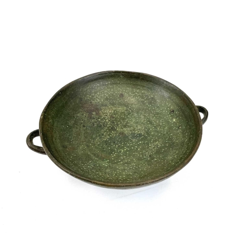 310 - A small bronze tazza with twin handles. Height 5cm, together with a hardstone turned goblet, a Frenc... 