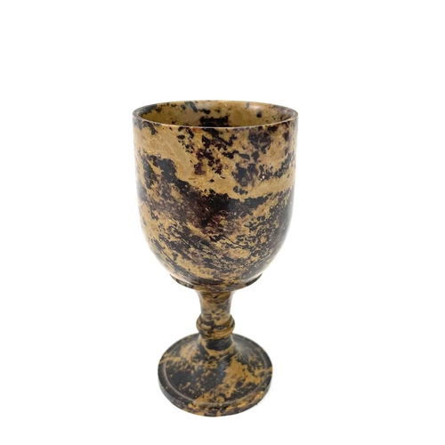 310 - A small bronze tazza with twin handles. Height 5cm, together with a hardstone turned goblet, a Frenc... 