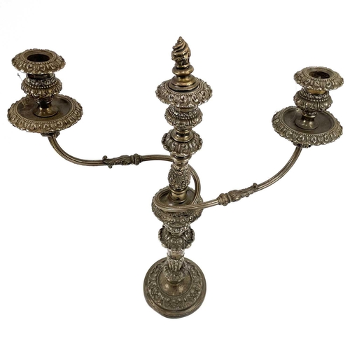 314 - An Old Sheffield Plate three-sconce candelabrum. Height 57cm. Together with a pair of similar candle... 