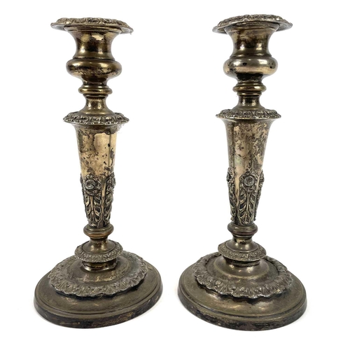 314 - An Old Sheffield Plate three-sconce candelabrum. Height 57cm. Together with a pair of similar candle... 