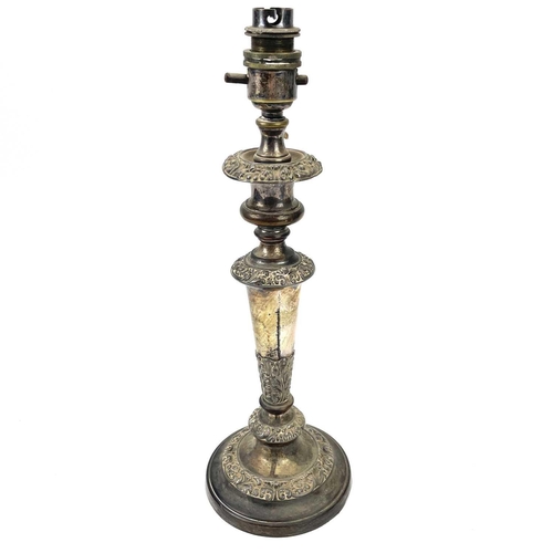 317 - A large silver plate Corinthian column table lamp. Height 41cm together with another smaller silver ... 