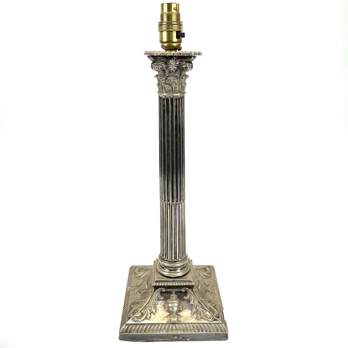 317 - A large silver plate Corinthian column table lamp. Height 41cm together with another smaller silver ... 