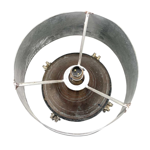 331 - A large metal painted and enamel industrial light fitting. Diameter 47cm, together with repurposed t... 