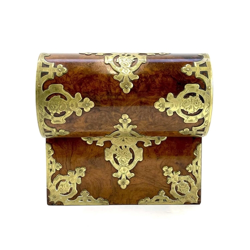 39 - A Victorian burr walnut and brass dome top casket. Engraved with roses and fleur-de-lis, labelled fo... 