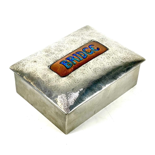 402 - A Liberty & Co Tudric pewter and copper enamel Bridge box. Stamped, 0414 English Pewter Liberty & Co... 