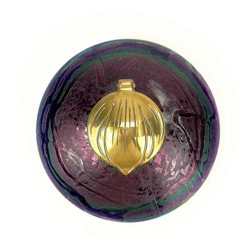 413 - An Art Nouveau Loetz type iridescent circular glass inkwell. With trailed decoration and embossed br... 