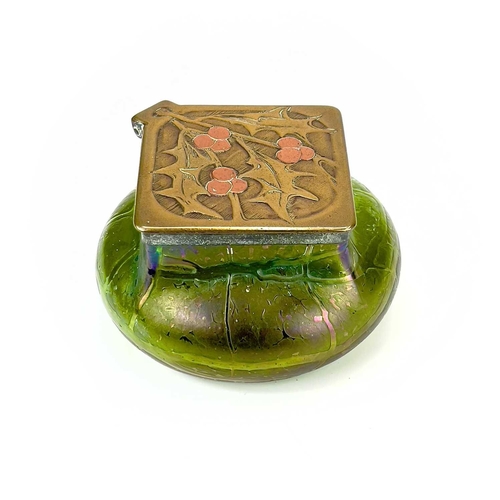 414 - A Loetz type iridescent glass inkwell. Possibly Kralik, the lozenge shape brass cover with copper hi... 