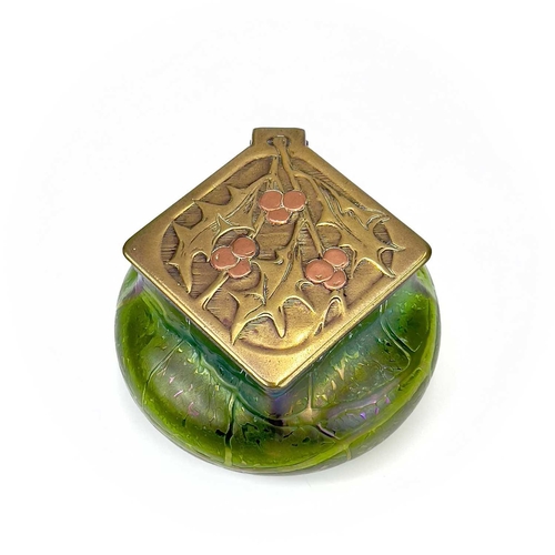 414 - A Loetz type iridescent glass inkwell. Possibly Kralik, the lozenge shape brass cover with copper hi... 