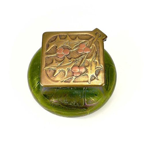 414 - A Loetz type iridescent glass inkwell. Possibly Kralik, the lozenge shape brass cover with copper hi... 