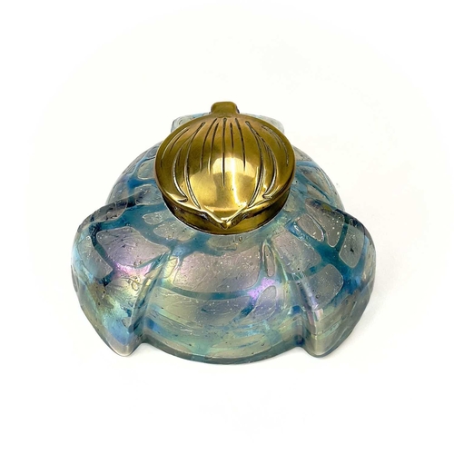 417 - A Kralik iridescent glass inkwell. The lobed circular body with green trailed decoration and embosse... 