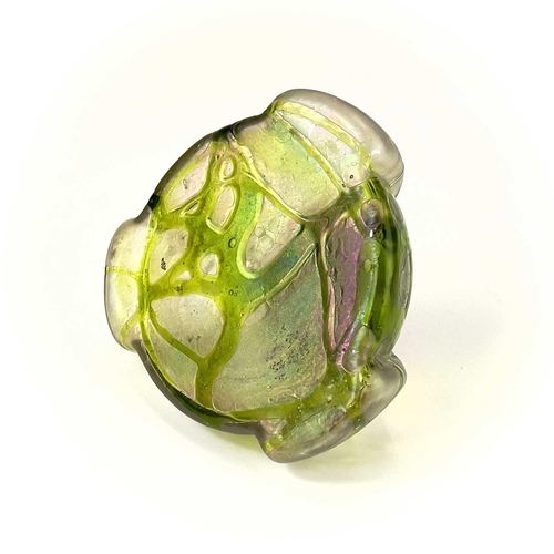 417 - A Kralik iridescent glass inkwell. The lobed circular body with green trailed decoration and embosse... 