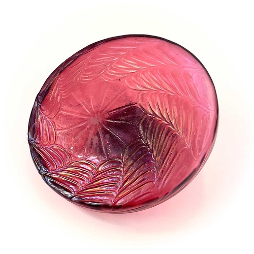 418 - A circular ruby glass inkwell, probably Kralik. With a web of trailed decoration and embossed brass ... 