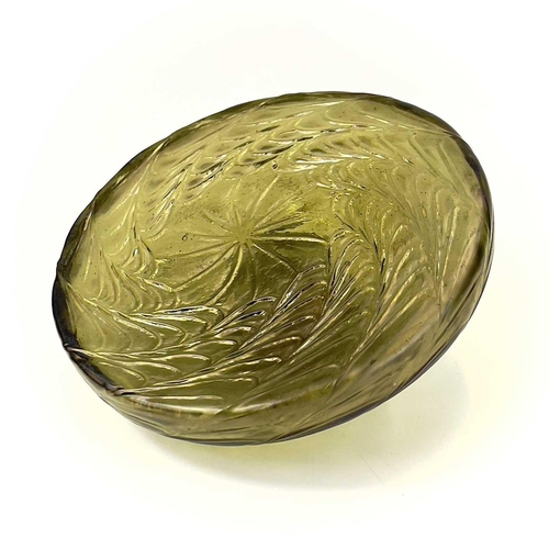 418 - A circular ruby glass inkwell, probably Kralik. With a web of trailed decoration and embossed brass ... 