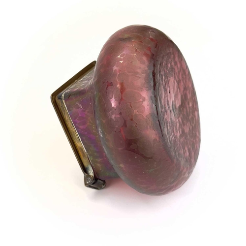 423 - A Loetz type ruby iridescent glass inkwell. The lozenge shaped brass cover inset with copper berries... 