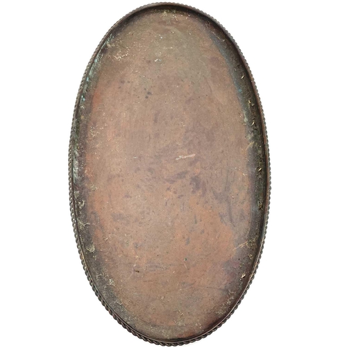 425 - A Hugh Wallis Arts and Crafts copper oval tray. With planished finish and applied rope twist border,... 