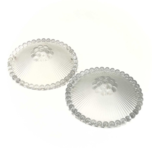 455 - A pair of Lalique ceiling light shades. Signed R Lalique France, diameter 29cm.