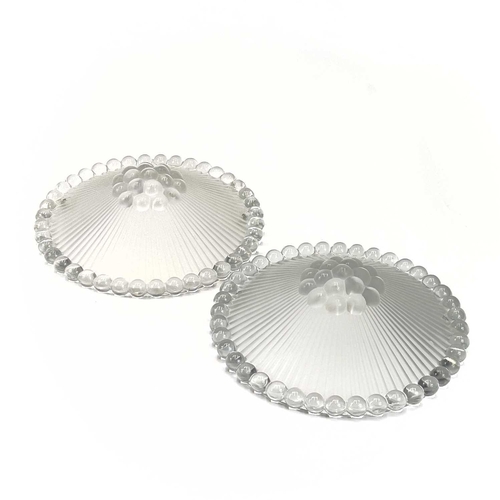 455 - A pair of Lalique ceiling light shades. Signed R Lalique France, diameter 29cm.