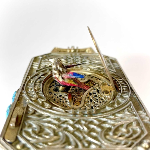 50 - A 20th century German gilt metal bird automaton music box. Decorated with scrolling tendrils and lat... 