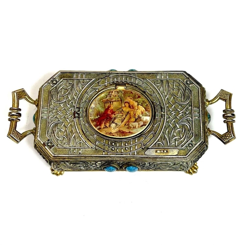 50 - A 20th century German gilt metal bird automaton music box. Decorated with scrolling tendrils and lat... 