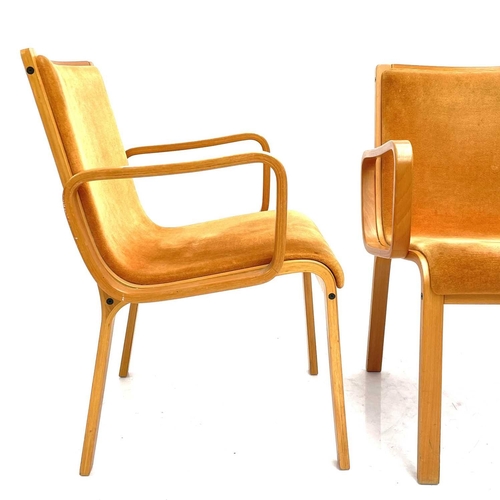 518 - Karl Erik Ekselius for JOC Design. A pair of laminated bentwood beech open armchairs with orange pad... 