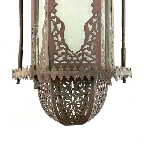 54 - An Eastern style hexagonal pierced brass lantern. 20th century, height 49cm, together with another s... 