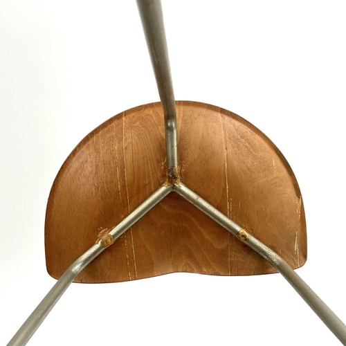 554 - A set of three Danish mid century stools. With laminated teak tops on tubular frames, height 48cm.