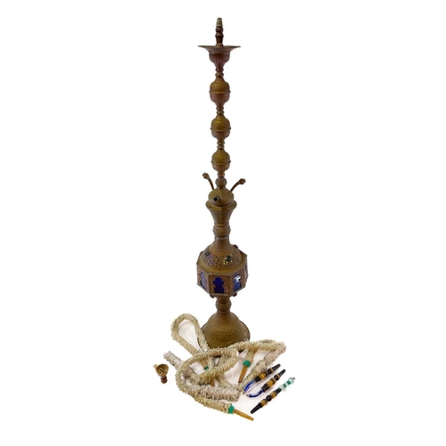 56 - A tall pierced Indian brass hookah. 20th century, with blue glass panels and three pipes, height 193... 