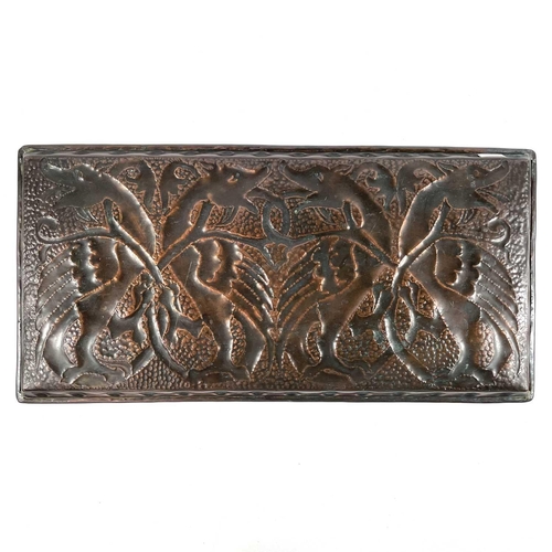 59 - An Arts & Crafts copper tray of rectangular form. Repousse decorated with a wyvern motif. 28cm x 56c... 