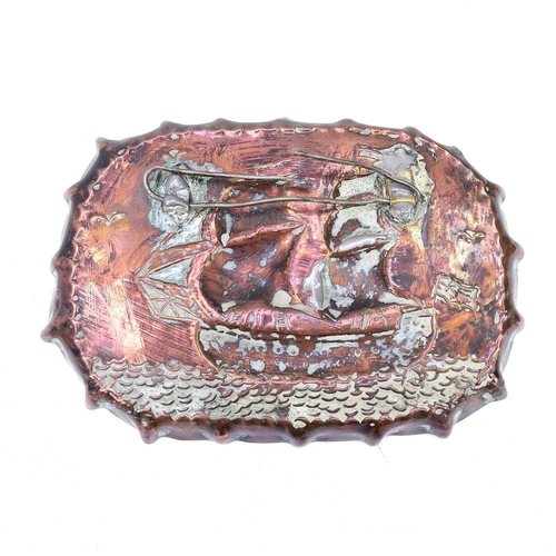 63 - A pair of copper pin dishes, circa 1900, with repousse decoration of twin masted sailing ships. Widt... 