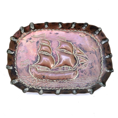 63 - A pair of copper pin dishes, circa 1900, with repousse decoration of twin masted sailing ships. Widt... 