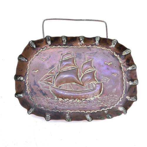 63 - A pair of copper pin dishes, circa 1900, with repousse decoration of twin masted sailing ships. Widt... 