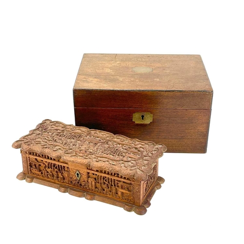 75 - A Victorian mahogany workbox, with contents. Height 14.5cm x width 27.5cm x depth 19.5cm.Together wi... 