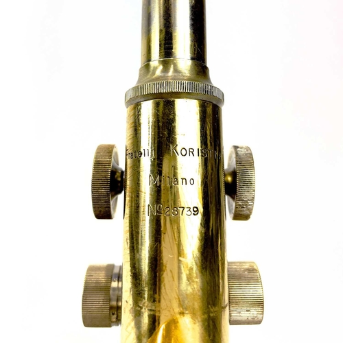 78 - An Italian brass compound microscope by Fratelli Koristka, Milano. Numbered 28739, height 30cm.