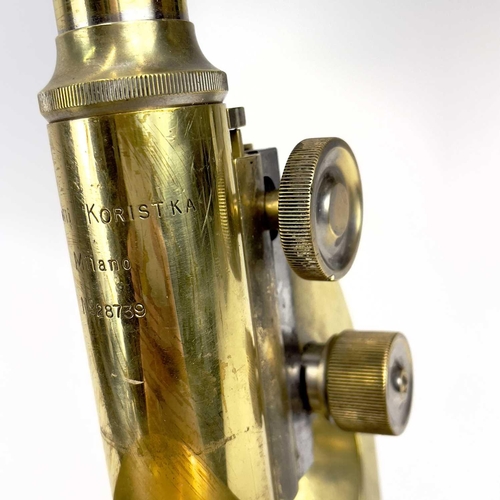 78 - An Italian brass compound microscope by Fratelli Koristka, Milano. Numbered 28739, height 30cm.