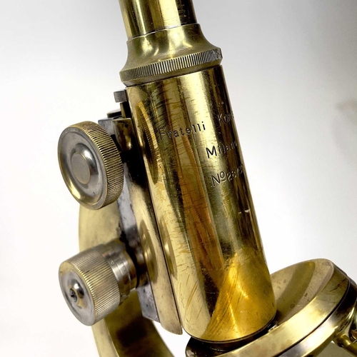 78 - An Italian brass compound microscope by Fratelli Koristka, Milano. Numbered 28739, height 30cm.