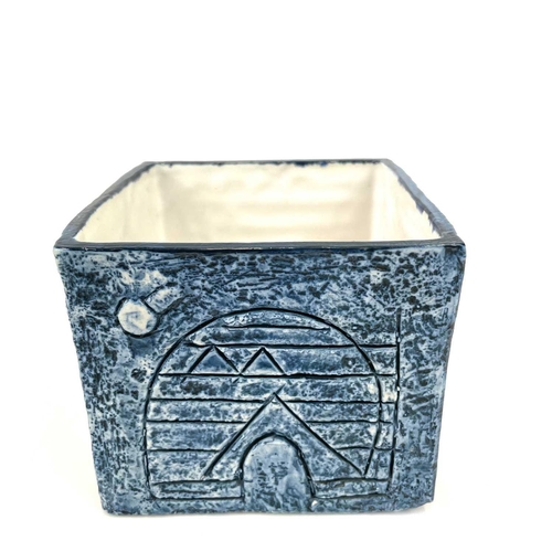 801 - A troika cube vase by Simone Kilburn. Incised and painted with typical geometric motifs, height 8.5c... 